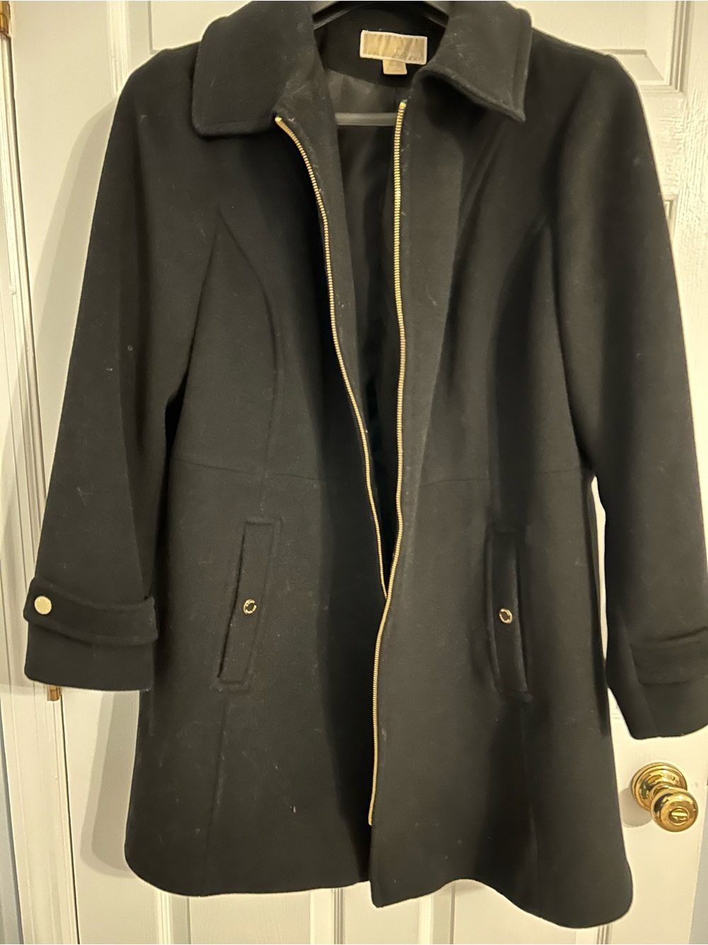Michael Kors Black Wool-Blend Pea Coat with Gold Zip